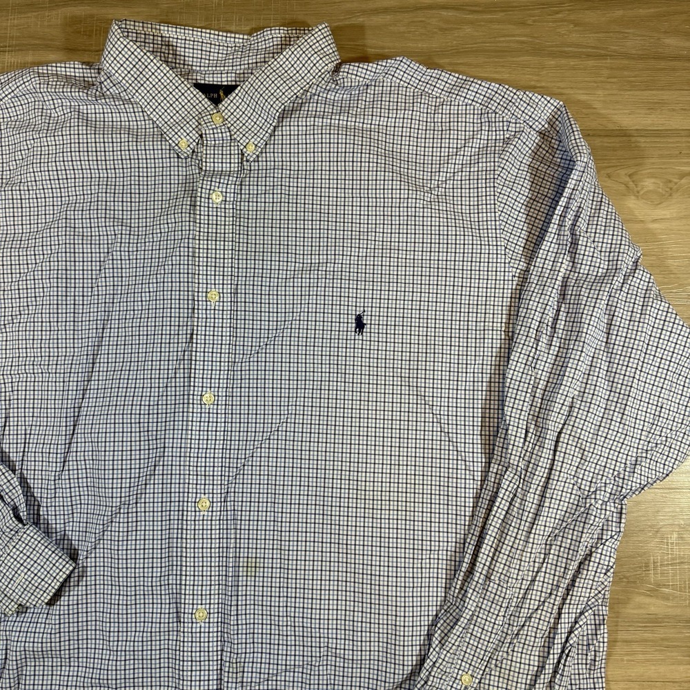 Ralph‎ Lauren Shirt Mens 4XL Tall Cotton Stretch Button Down Blue Plaid Pony
